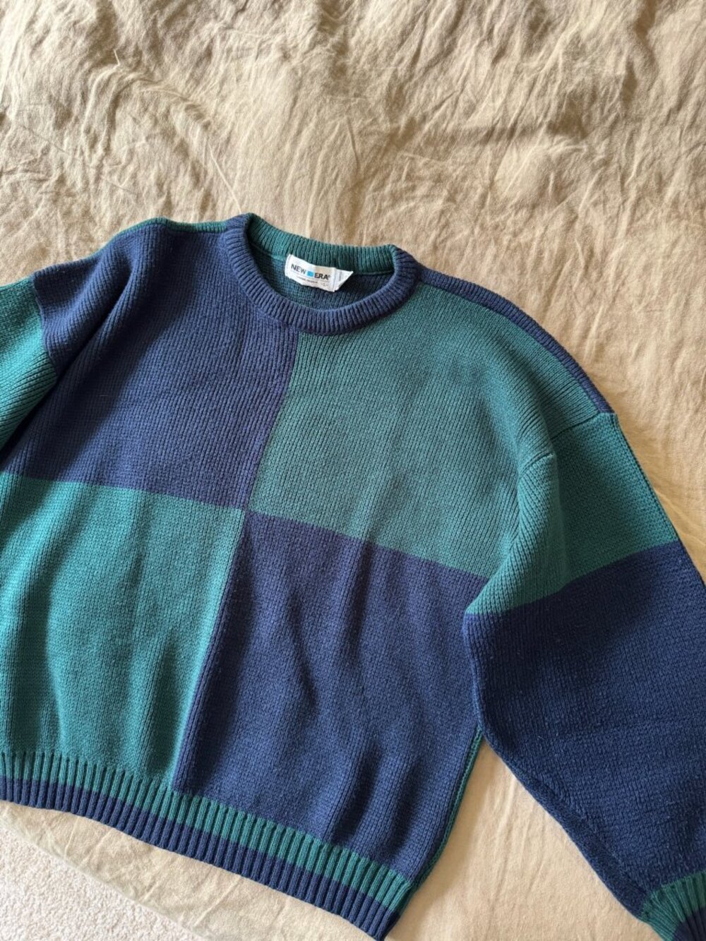 Vintage New Era Color Blocked Navy and Green Knit Sweater Size Large